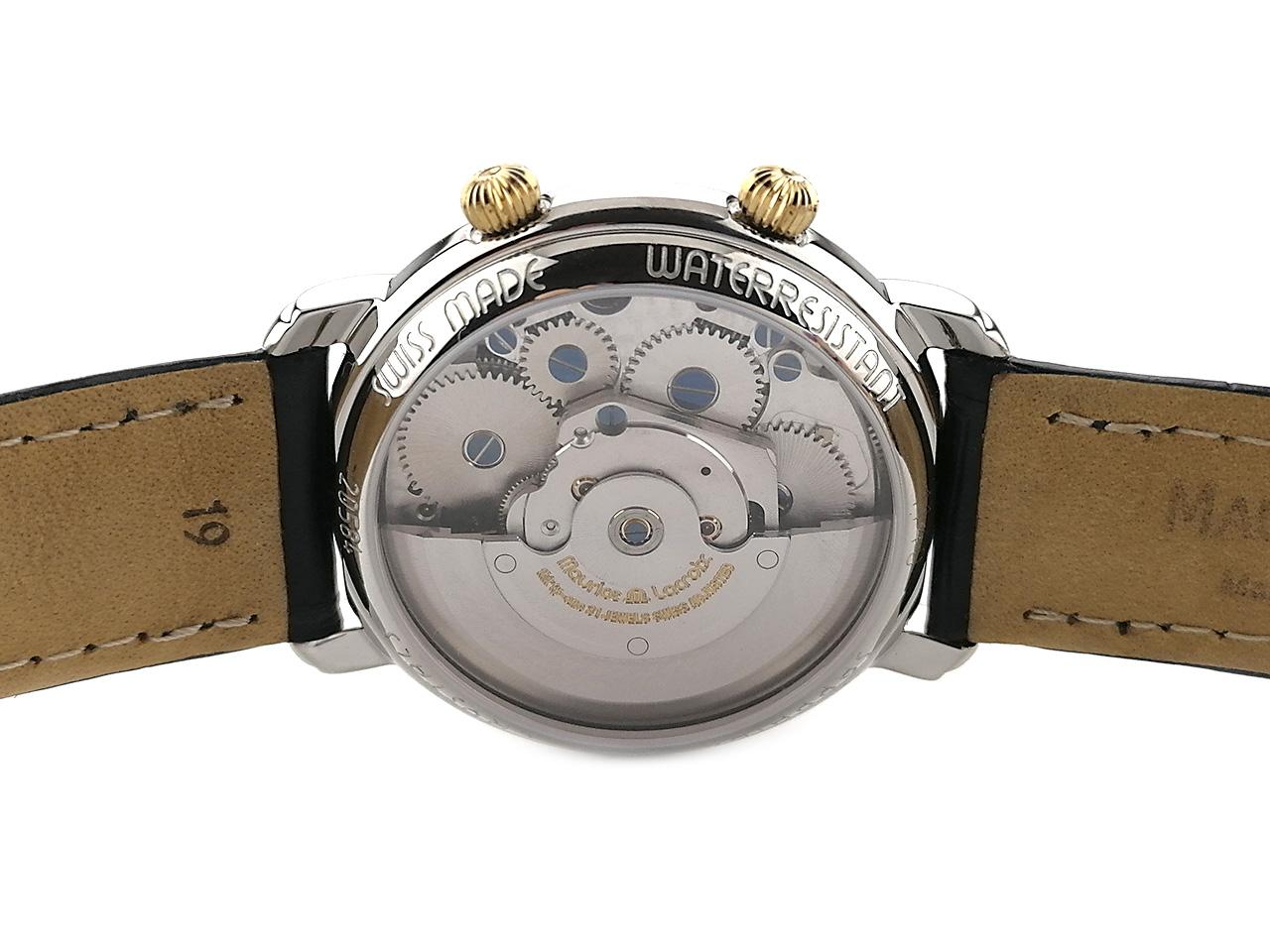 Maurice Lacroix Masterpiece Reveil - Wecker Automatik Edelstahl und Gelbgold 38mm Lederband 20584-1606 Full Set Occasion Refurbished – Herrenuhren Uhr mit Datum aus 750 Gelbgold und Edelstahl. Das Gehäuse ist rund und silber-gelbgold. Das Lederarmband Kroko / Alligator ist blau. Das Zifferblatt ist römisch Index und silber. – Ansicht 2