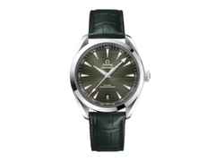 Omega Seamaster Aqua Terra 150M Automatik Edelstahl 41mm grünes Zifferblatt Lederband – Herrenuhren Uhr mit Datum aus Edelstahl. Das Gehäuse ist rund und silber. Das Lederarmband Kroko / Alligator ist grün. Das Zifferblatt ist ein Index in grün.