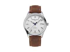 Frederique Constant Classics Index Automatik Edelstahl 40mm silberfarbenes Zifferblatt braunes Lederband – Herrenuhren Uhr mit Datum aus Edelstahl und Leder. Das Gehäuse ist rund und silber. Das Lederarmband ist braun. Das Zifferblatt ist ein Index in silber.