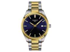 Tissot PR 100 Quarz Edelstahl bicolor 40mm dunkelblaues Zifferblatt Metallband bicolor – Herrenuhren Uhr mit Datum aus Edelstahl und PVD beschichtet. Das Gehäuse ist rund und silber-gelbgold. Das Edelstahlarmband ist silber-gelbgold. Das Zifferblatt ist ein Index in blau.