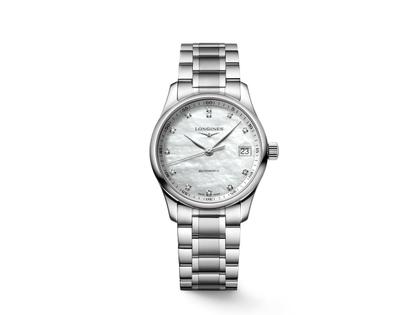 Longines Master Collection Automatik 34 mm Edelstahl Diamanten Edelstahl Perlmutt – Damenuhren Uhr mit Datum aus Edelstahl und Leder. Das Gehäuse ist rund und silber. Das Edelstahlarmband ist silber. Das Zifferblatt ist ein Index in weiß.