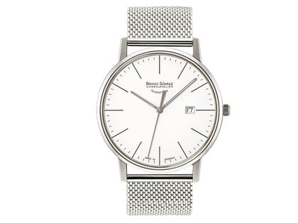 Bruno Söhnle Glashütte Stuttgart I BIG Quarz silber Index Milanaiseband – Herrenuhren Uhr mit Datum aus Edelstahl und Leder. Das Gehäuse ist rund und silber. Das Edelstahlarmband ist silber. Das Zifferblatt ist ein Index in silber.