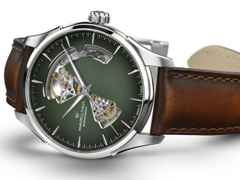 Hamilton Jazzmaster Open Heart Automatik Edelstahl 40mm grünes Zifferblatt braunes Lederband – Herrenuhren Uhr ohne Datum aus Edelstahl und Leder. Das Gehäuse ist rund und silber. Das Lederarmband ist braun. Das Zifferblatt ist ein Index in grün. – Ansicht 3