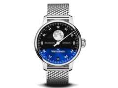 MeisterSinger Stratoscope Automatik Edelstahl blaues Zifferblatt Edelstahlband – Herrenuhren Uhr mit Datum aus Edelstahl. Das Gehäuse ist rund und silber. Das Edelstahlarmband ist silber. Das Zifferblatt ist arabisch Index und blau.