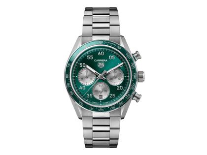 TAG Heuer Carrera Chronograph Sport Automatik Edelstahl 42mm grünes Zifferblatt Metallband – Herrenuhren Chronograph aus Edelstahl und Keramik. Das Gehäuse ist rund und silber. Das Edelstahlarmband ist silber. Das Zifferblatt ist arabisch Index und grün.