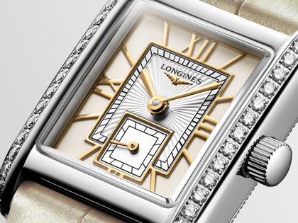Longines DolceVita   Mini Quarz Edelstahl 22x29mm Brillantbesatz gelbes Zifferblatt gelbes Lederband – Damenuhren Uhr ohne Datum aus Edelstahl, Leder und vergoldet. Das Gehäuse ist rechteckig und silber. Das Lederarmband Kroko / Alligator ist gelb. Das Zifferblatt ist römisch und gelb. – Ansicht 2