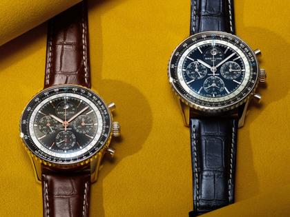 Breitling Navitimer B19 Chronograph 43 Perpetual Calendar Automatik Platin blaues Zifferblatt blaues Lederband limitiert – Herrenuhren Chronograph aus 950 Platin, Edelstahl und Leder. Das Gehäuse ist rund und silber. Das Lederarmband Kroko / Alligator ist blau. Das Zifferblatt ist ein Index in blau. – Ansicht 4