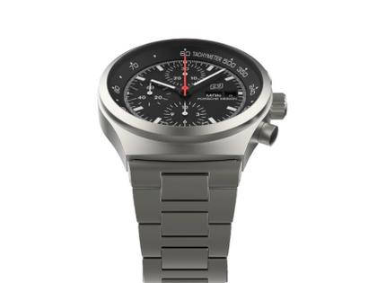 Porsche Design Chronograph 1 - 1975 Limited Edition – Herrenuhren Chronograph aus Titan. Das Gehäuse ist rund und silber. Das Textilarmband ist weiß. Das Zifferblatt ist ein Index in schwarz. – Ansicht 2
