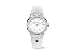 Maurice Lacroix Aikon Quartz Edelstahl 35mm weißes Zifferblatt weißes Kautschukband – Damenuhren Uhr mit Datum aus Edelstahl, Kautschuk, PVD beschichtet und vergoldet. Das Gehäuse ist rund und silber. Das Kautschuk / Kunststoff / Silikon Armband ist weiß. Das Zifferblatt ist ein Index in weiß.