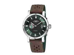Mühle Glashütte Teutonia Sport II "Racing Green" Automatik Edelstahl 41,6mm grünes Zifferblatt braunes Lederband – Herrenuhren Uhr mit Datum aus Edelstahl. Das Gehäuse ist rund und silber. Das Lederarmband ist braun. Das Zifferblatt ist ein Index in grün.