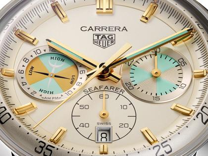 TAG Heuer Carrera Chronograph Seafarer Automatik Edelstahl 42mm beiges Zifferblatt Metallband – Herrenuhren Chronograph aus Edelstahl. Das Gehäuse ist rund und silber. Das Edelstahlarmband ist silber. Das Zifferblatt ist ein Index in beige. – Ansicht 5