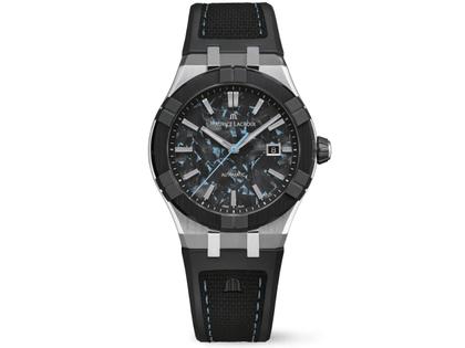 Maurice Lacroix AIKON-IC Frozen Carbon Automatik Edelstahl 43mm Carbon-Zifferblatt schwarzes Kautschukband – Herrenuhren Uhr mit Datum aus Carbon, Edelstahl, Kautschuk und Keramik. Das Gehäuse ist rund und silber. Das Kautschuk / Kunststoff / Silikon Armband ist schwarz. Das Zifferblatt ist ein Index in schwarz.