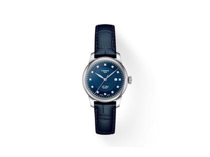 Tissot LeLocle Automatik Edelstahl 29mm blaues Zifferblatt mit Diamanten 0,050ct blaues Lederband – Damenuhren Uhr mit Datum aus Edelstahl und Leder. Das Gehäuse ist rund und silber. Das Lederarmband ist blau. Das Zifferblatt ist ein Index in blau.