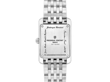 Frederique Constant Classics Carree Small Seconds Quarz Edelstahl 36x25mm silbernes Zifferblatt Metallband – Herrenuhren Uhr ohne Datum aus Edelstahl. Das Gehäuse ist rechteckig und silber. Das Edelstahlarmband ist silber. Das Zifferblatt ist römisch und silber. – Ansicht 2