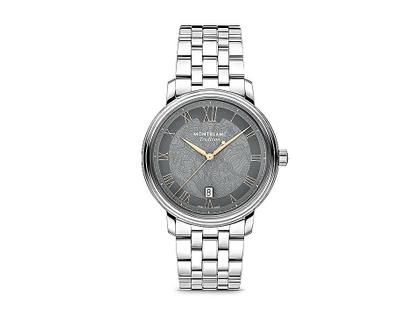 Herrenuhren Uhr mit Datum aus Edelstahl. Das Gehäuse ist rund und silber. Das Edelstahlarmband ist silber. Das Zifferblatt ist römisch und grau-roségold.