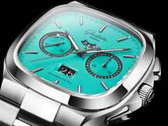 Glashütte Original Seventies Chronograph Panoramadatum Swimming Pool Automatik Edelstahl 40mm türkises Zifferblatt Metallband limitiert – Herrenuhren Chronograph aus 585 Weißgold und Edelstahl. Das Gehäuse ist quadratisch und silber. Das Edelstahlarmband ist silber. Das Zifferblatt ist ein Index in türkis. – Ansicht 3