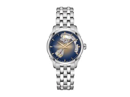 Hamilton Jazzmaster Open Heart Lady Automatik Edelstahl 36mm blaues Zifferblatt Metallband – Damenuhren Uhr ohne Datum aus Edelstahl. Das Gehäuse ist rund und silber. Das Edelstahlarmband ist silber. Das Zifferblatt ist ein Index in blau.