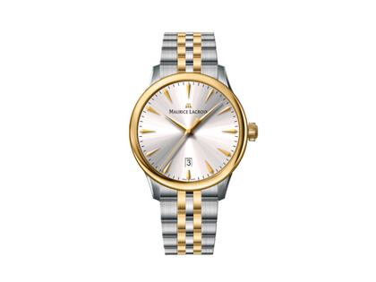 Maurice Lacroix 1975 Automatik Edelstahl 40mm silberfarbenes Zifferblatt zweifarbiges Metallband – Herrenuhren Uhr mit Datum aus Edelstahl und PVD beschichtet. Das Gehäuse ist rund und silber. Das Edelstahlarmband ist silber-gelbgold. Das Zifferblatt ist ein Index in silber.