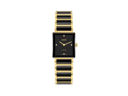 Damenuhren Uhr ohne Datum aus Edelstahl, Keramik und PVD beschichtet. Das Gehäuse ist rechteckig und gelbgold. Das Keramikarmband ist schwarz. Das Zifferblatt ist ein Index in schwarz.
