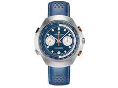 Hamilton American Classic Chrono Matic 50 Limited Edition Automatik Edelstahl 51,5 x 48,5mm blaues Zifferblatt blaues Lederband – Herrenuhren Chronograph aus Edelstahl und Leder. Das Gehäuse ist oval und silber. Das Lederarmband ist blau. Das Zifferblatt ist ein Index in blau.