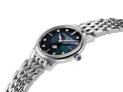 Frederique Constant Slimline Ladies Moonphase Quarz Edelstahl 30mm Perlmutt-Zifferblatt Metallband – Damenuhren Uhr ohne Datum aus Edelstahl. Das Gehäuse ist rund und silber. Das Edelstahlarmband ist silber. Das Zifferblatt ist ein Index in blau. – Ansicht 3