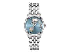 Hamilton Jazzmaster Open Heart Lady Automatik Edelstahl 36mm hellblaues Zifferblatt Metallband – Damenuhren Uhr ohne Datum aus Edelstahl. Das Gehäuse ist rund und silber. Das Edelstahlarmband ist silber. Das Zifferblatt ist ein Index in blau.