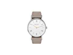 Nomos Glashütte Ludwig 33 Duo Handaufzug Edelstahl weißes Zifferblatt beiges Lederband – Damenuhren Uhr ohne Datum aus Edelstahl. Das Gehäuse ist rund und silber. Das Lederarmband ist beige. Das Zifferblatt ist römisch Index und weiß.