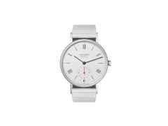 Nomos Glashütte Ludwig neomatik 36 Automatik Edelstahl weißes Zifferblatt Metallband – Damenuhren Uhr ohne Datum aus Edelstahl. Das Gehäuse ist rund und silber. Das Edelstahlarmband ist silber. Das Zifferblatt ist römisch Index und weiß.