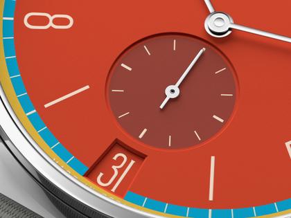 Nomos Glashütte Tangente 38 Datum "175 Years Watchmaking - Sportbunt" Handaufzug Edelstahl rotes Zifferblatt graues Textilband Glasboden – Herrenuhren Uhr mit Datum aus Edelstahl. Das Gehäuse ist rund und silber. Das Textilarmband ist grau. Das Zifferblatt ist arabisch Index und rot. – Ansicht 6
