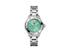 TAG Heuer Aquaracer Professional 200 Solargraph Quarz Edelstahl 34mm türkises Zifferblatt Metallband – Damenuhren Uhr mit Datum aus Edelstahl. Das Gehäuse ist rund und silber. Das Edelstahlarmband ist silber. Das Zifferblatt ist ein Index in türkis.