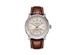 Breitling Navitimer Automatic GMT 41 Chronometer Edelstahl cremefarbenes Zifferblatt braunes Lederband – Herrenuhren Uhr mit Datum aus Edelstahl. Das Gehäuse ist rund und silber. Das Lederarmband Kroko / Alligator ist braun. Das Zifferblatt ist ein Index in beige.