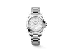 Longines Conquest Automatik Edelstahl 34mm Perlmutt-Zifferblatt Metallband – Damenuhren Uhr mit Datum aus Edelstahl. Das Gehäuse ist rund und silber. Das Edelstahlarmband ist silber. Das Zifferblatt ist ein Index in weiß.