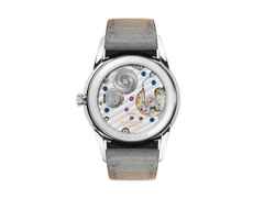 Nomos Glashütte Orion 33 Gold Handaufzug Edelstahl 33mm goldfarbenes Zifferblatt graues Lederband Glasboden – Damenuhren Uhr ohne Datum aus Edelstahl und Leder. Das Gehäuse ist rund und silber. Das Lederarmband ist beige. Das Zifferblatt ist ein Index in beige. – Ansicht 2