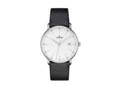 Junghans FORM A Datum Automatik Edelstahl 39mm silbernes Zifferblatt schwarzes Lederband – Herrenuhren Uhr mit Datum aus Edelstahl. Das Gehäuse ist rund und silber. Das Lederarmband ist schwarz. Das Zifferblatt ist ein Index in silber.