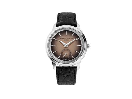 Frederique Constant Classics Moneta Handaufzug Edelstahl 38,5mm braunes Zifferblatt schwarzes Lederband limitiert – Herrenuhren Uhr ohne Datum aus Edelstahl und Leder. Das Gehäuse ist rund und silber. Das Lederarmband ist schwarz. Das Zifferblatt ist ein Index in braun.