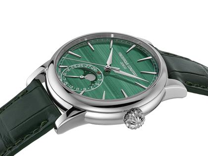 Frederique Constant Classic Moonphase Date Limited Edition Automatik Weißgold 40mm Malachit-Zifferblatt grünes Lederband – Herrenuhren Uhr mit Datum aus Edelstahl. Das Gehäuse ist rund und silber. Das Lederarmband Kroko / Alligator ist grün. Das Zifferblatt ist ein Index in grün. – Ansicht 3