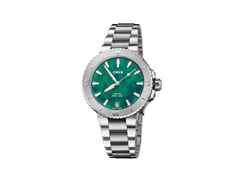 Oris X Bracenet Aquis Date Automatik 36,5mm Edelstahl grünes Zifferblatt Metallband – Damenuhren Uhr mit Datum aus Edelstahl. Das Gehäuse ist rund und silber. Das Edelstahlarmband ist silber. Das Zifferblatt ist ein Index in grün.