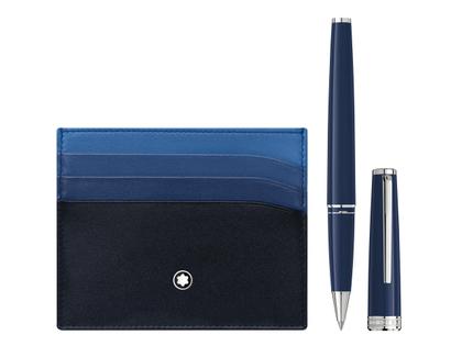 Montblanc Meisterstück Set aus PIX Rollerball und Kartenetui blau – Schreibgeräte Stiftset in blau und aus Edelharz, Leder und platiniert.