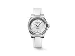 Longines Conquest Automatik Edelstahl 34mm weißes Perlmutt-Zifferblatt weißes Kautschukband – Damenuhren Uhr mit Datum aus Edelstahl und Kautschuk. Das Gehäuse ist rund und silber. Das Kautschuk / Kunststoff / Silikon Armband ist weiß. Das Zifferblatt ist ein Index in weiß.