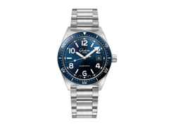 Glashütte Original SeaQ Automatik Edelstahl 40mm blaues Zifferblatt Metallband Glasboden – Herrenuhren Uhr mit Datum aus Edelstahl und Keramik. Das Gehäuse ist rund und silber. Das Edelstahlarmband ist silber. Das Zifferblatt ist arabisch Index und blau.