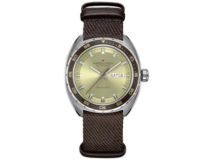 Hamilton American Classic Pan Europ Day Date Automatik Edelstahl 42 mm grünes Zifferblatt grünes Lederband – Herrenuhren Uhr mit Datum aus Edelstahl und Leder. Das Gehäuse ist rund und silber. Das Lederarmband ist grün. Das Zifferblatt ist ein Index in grün. – Ansicht 2