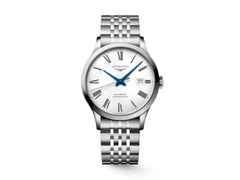 Longines Record Automatik Edelstahl 40mm weißes Zifferblatt Metallband – Herrenuhren Uhr mit Datum aus Edelstahl. Das Gehäuse ist rund und silber. Das Edelstahlarmband ist silber. Das Zifferblatt ist römisch und weiß.