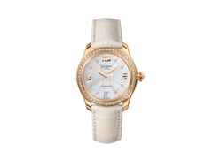 Glashütte Original Lady Serenade Automatik Roségold 36mm Perlmutt-Zifferblatt mit Brillanten weißes Lederband – Damenuhren Uhr mit Datum aus 750 Rotgold. Das Gehäuse ist rund und roségold. Das Lederarmband Satin ist braun. Das Zifferblatt ist römisch Index und weiß.