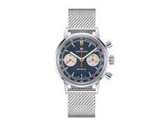 Hamilton American Classic Intra-Matic Chronograph H Handaufzug Edelstahl 40mm blaues Zifferblatt braunes Lederband – Herrenuhren Chronograph aus Edelstahl. Das Gehäuse ist rund und silber. Das Lederarmband ist braun. Das Zifferblatt ist ein Index in blau. – Ansicht 2