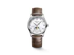 Longines Master Collection Automatik Edelstahl 34mm weißes Perlmutt-Zifferblatt mit Diamanten braunes Lederband – Damenuhren Uhr mit Datum aus Edelstahl und Leder. Das Gehäuse ist rund und silber. Das Lederarmband Kroko / Alligator ist braun. Das Zifferblatt ist ein Index in weiß.