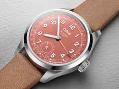 Oris Big Crown Pointer Date Calibre 403 Automatik Edelstahl 40mm rosa Zifferblatt braunes Lederband – Herrenuhren Uhr mit Datum aus Edelstahl und Leder. Das Gehäuse ist rund und silber. Das Lederarmband ist braun. Das Zifferblatt ist arabisch und rosa. – Ansicht 2
