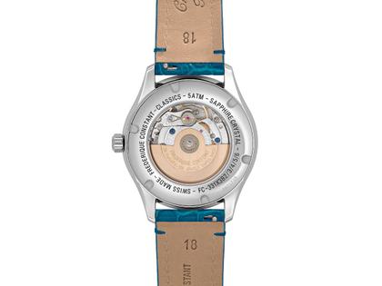 Frederique Constant Classics Elegance Luna Automatik Edelstahl 36mm weißes Zifferblatt blaues Lederband – Damenuhren Uhr ohne Datum aus Edelstahl und Leder. Das Gehäuse ist rund und silber. Das Lederarmband ist blau. Das Zifferblatt ist römisch und weiß. – Ansicht 3