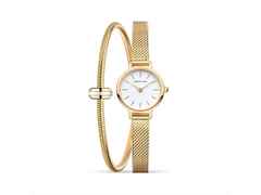 Bering 11022 Edelstahl Damenuhr Classic Geschenkset – Damenuhren Uhr ohne Datum aus Edelstahl und PVD beschichtet. Das Gehäuse ist rund und gelbgold. Das Edelstahlarmband ist gelbgold. Das Zifferblatt ist ein Index in weiß.