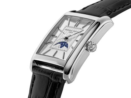 Frederique Constant Classics Carree Moonphase Automatik Edelstahl 42x30mm silbernes Zifferblatt schwarzes Lederband – Herrenuhren Uhr ohne Datum aus Edelstahl und Leder. Das Gehäuse ist rechteckig und silber. Das Lederarmband ist schwarz. Das Zifferblatt ist ein Index in silber. – Ansicht 2