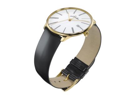 Junghans Meister fein Automatic Edition Erhard Gelbgold 39,5mm weißes Zifferblatt schwarzes Lederband – Herrenuhren Uhr mit Datum aus 750 Gelbgold. Das Gehäuse ist rund und gelbgold. Das Lederarmband ist schwarz. Das Zifferblatt ist römisch und weiß. – Ansicht 2
